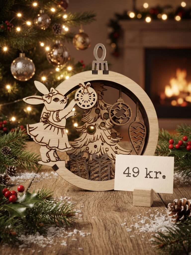 3D julepynt med kanin der pynter juletræet