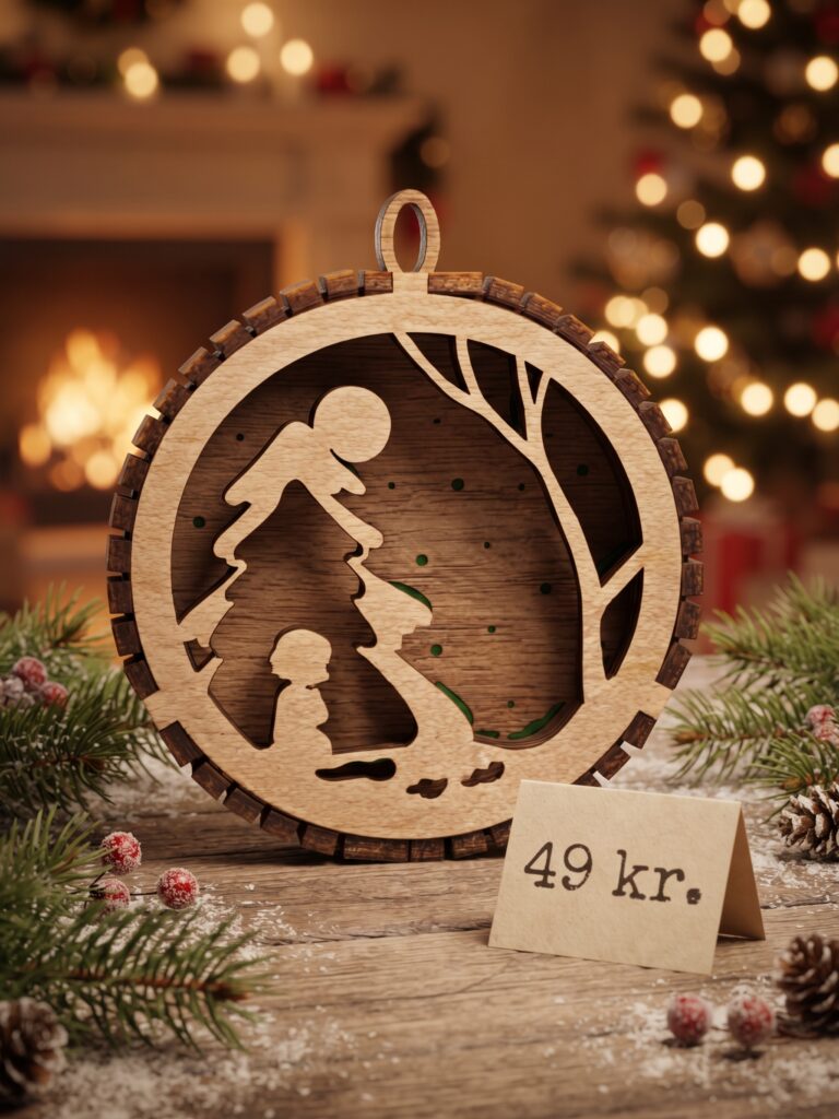 3D julepynt med lille pige ved juletræ