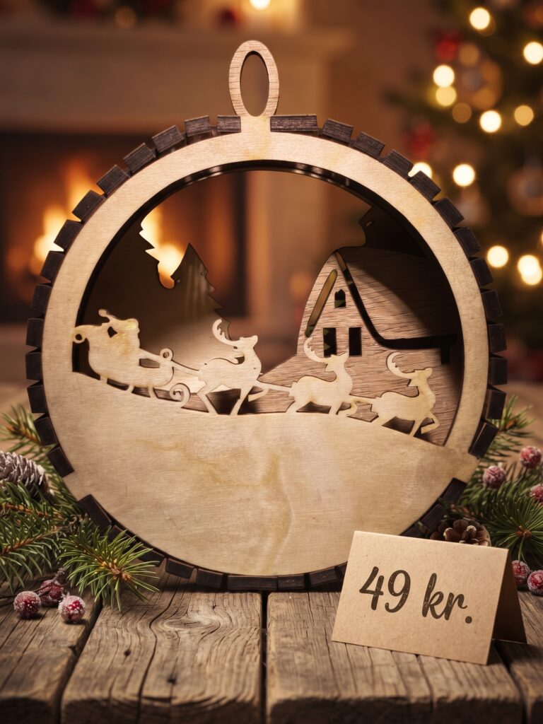 3D julepynt med julemanden i kane og rensdyr