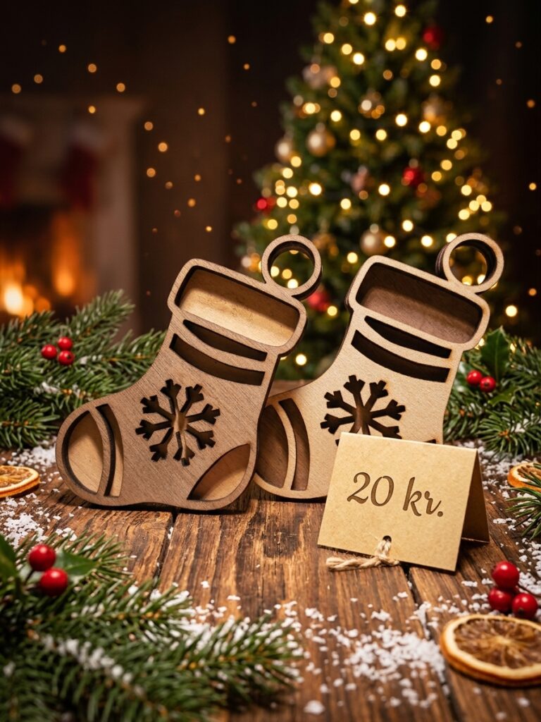 Julesok i lyst birketræ med baggrund i valnød